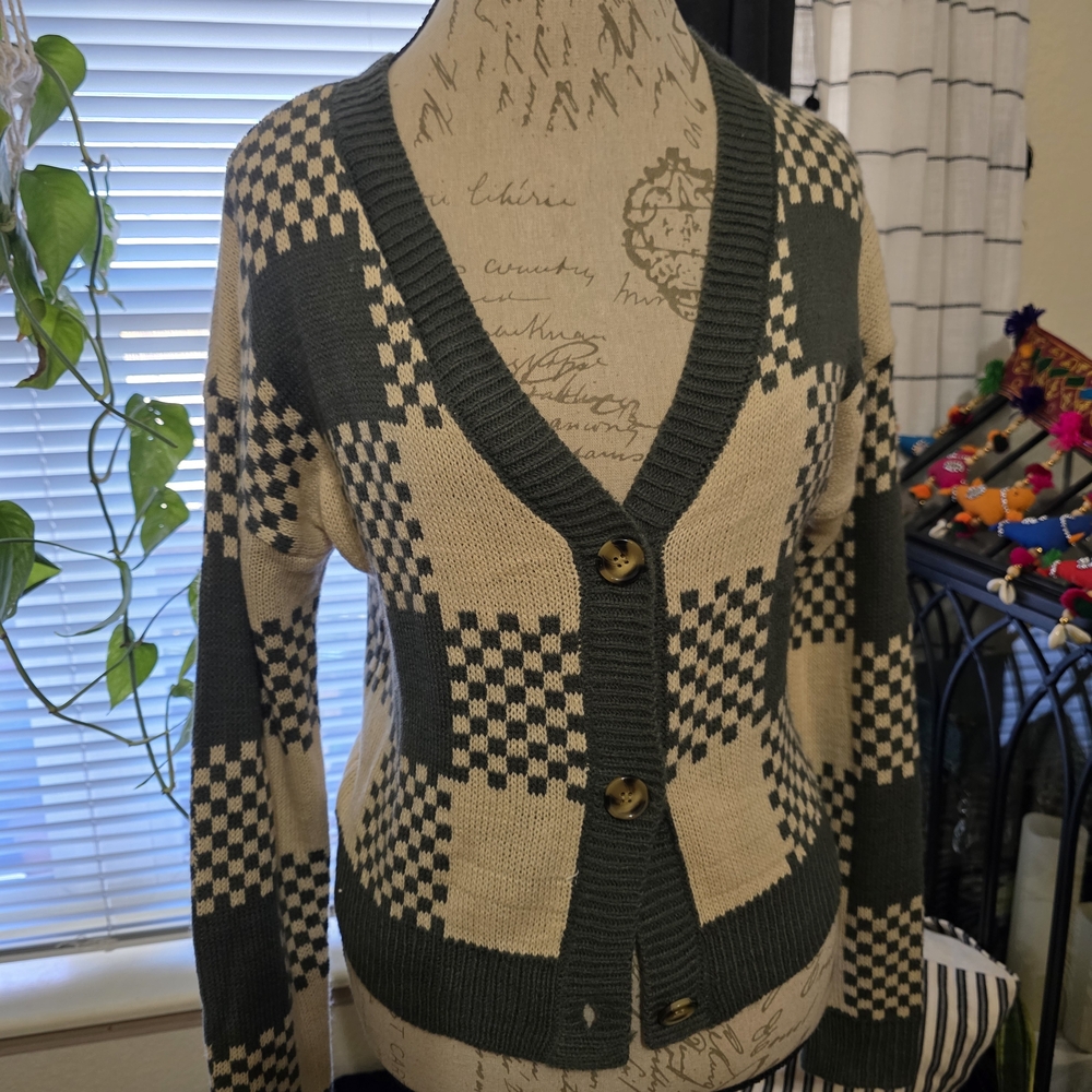 No Boundaries Checkered Cardigan in Cream and Green